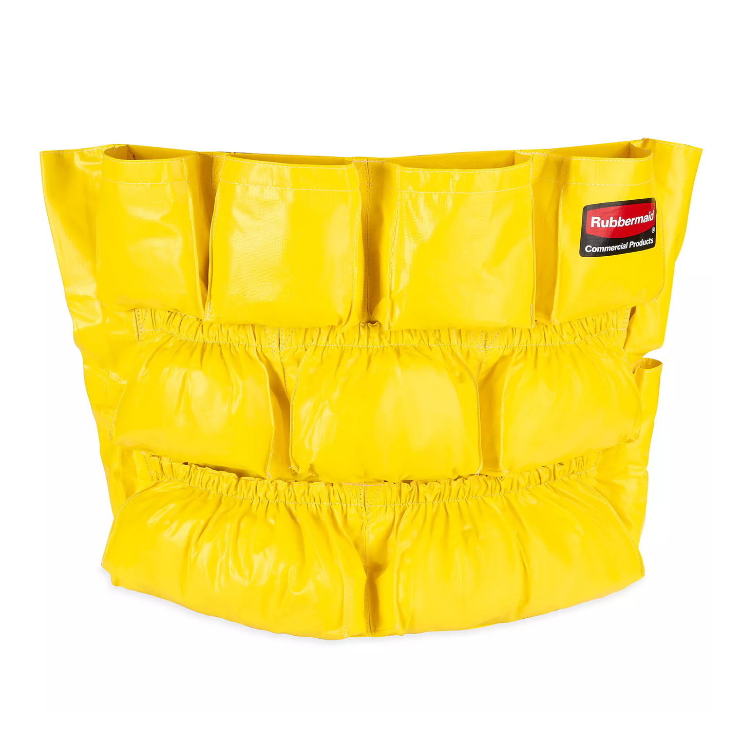 Yellow rubberized trash caddy bag with Rubbermaid logo on a white background