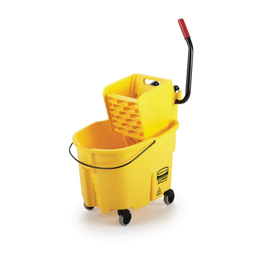 Rubbermaid Yellow cleaning mop bucket with a wringer on a white background