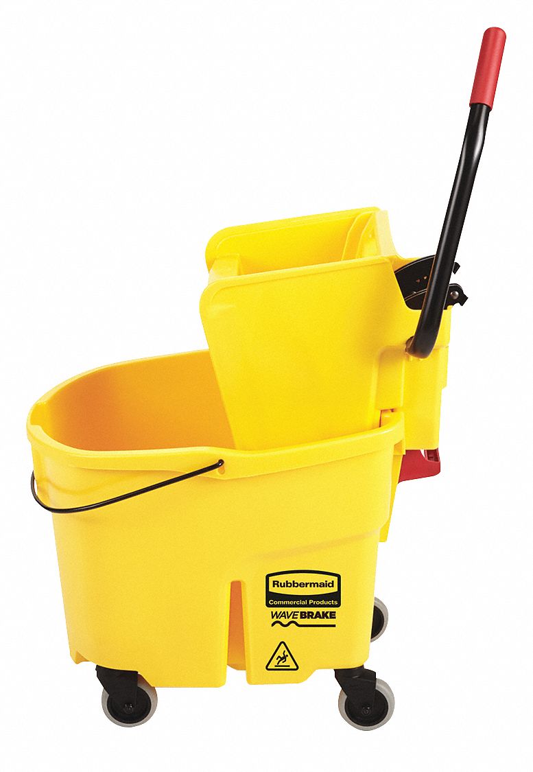 Rubbermaid Yellow mop bucket with a black handle on a white background
