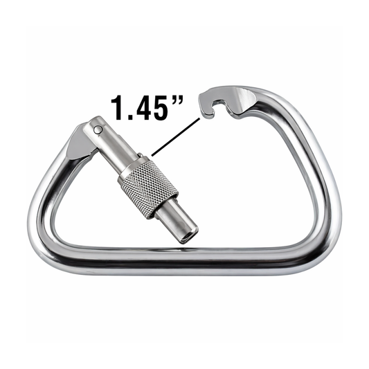 Metal carabiner and measurement label on a white background