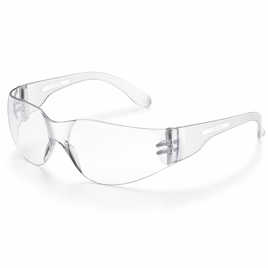 Clear safety glasses on a white background