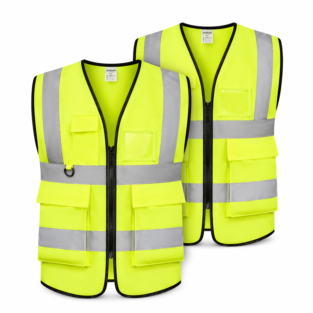 Two bright yellow safety vests with reflective stripes on a white background
