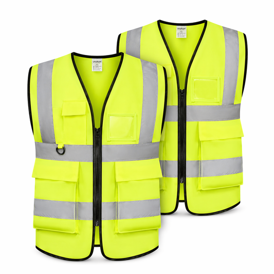 Two bright yellow safety vests with reflective stripes on a white background