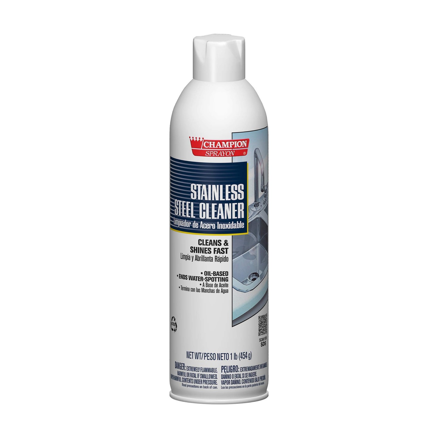 Aerosol can of stainless steel cleaner on a white background