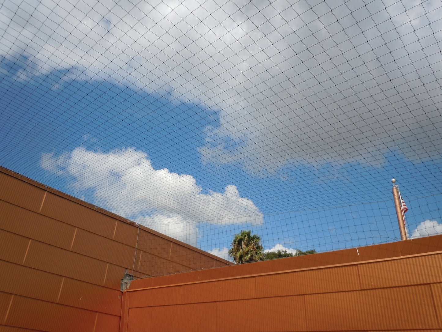 bird barrier net  with a blue sky and clouds in the background