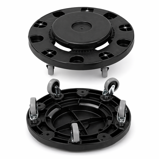 Two black trash can dolly with wheels on a white background