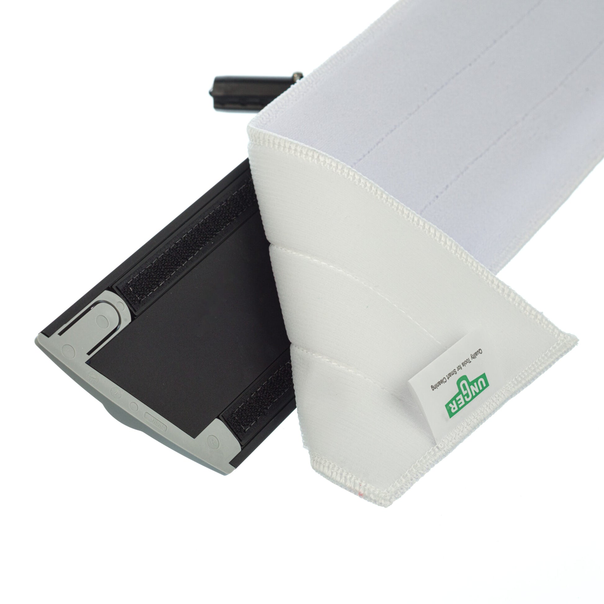 White cleaning pad with a black device on a white background