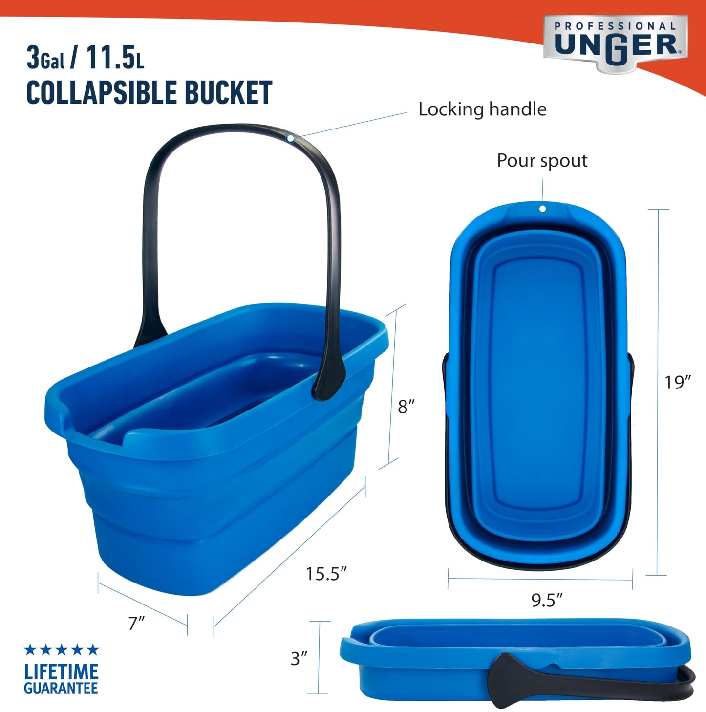 Collapsible blue bucket with measurements and Unger branding