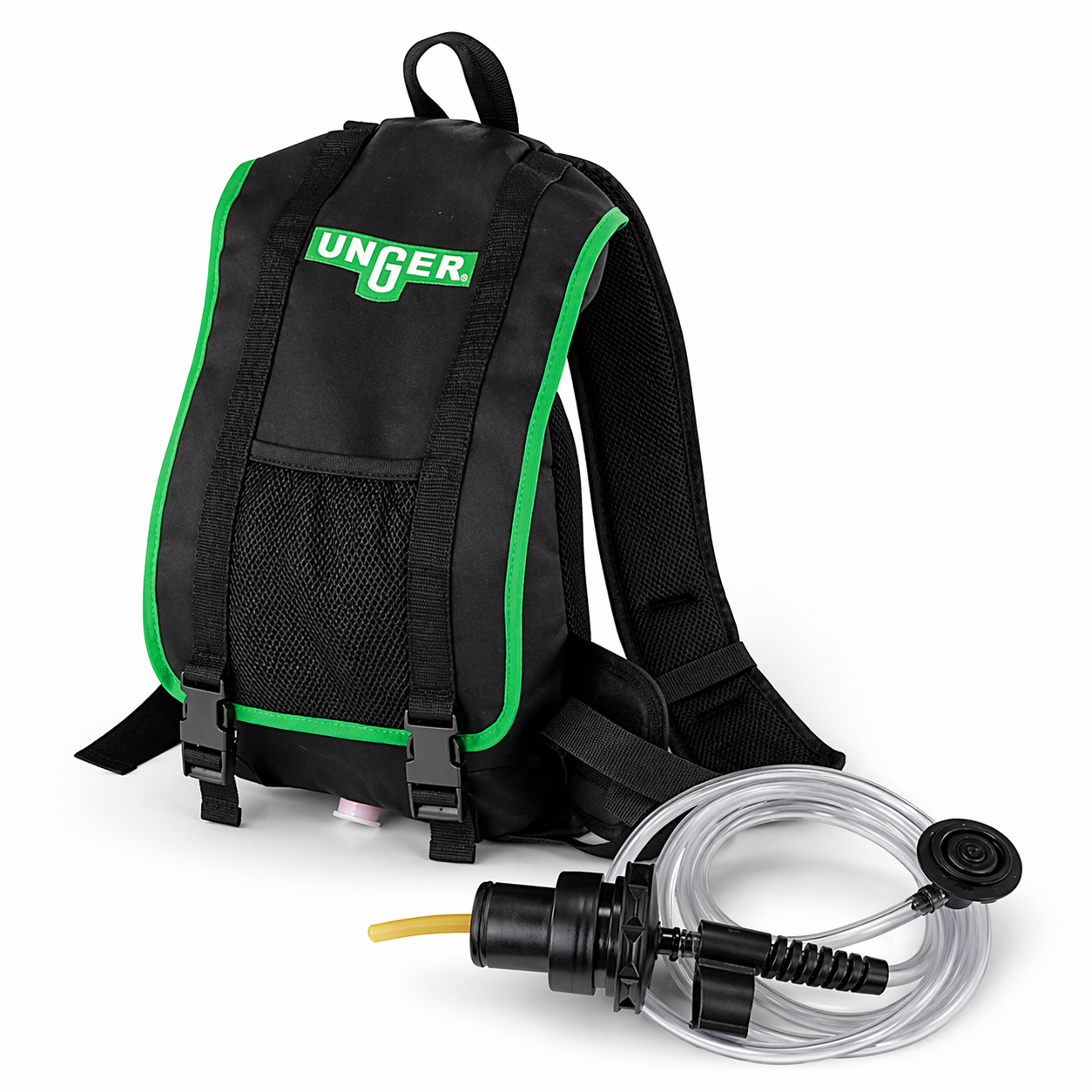 Black and green Unger Excella Backpack Complete with hose and nozzle on a white background