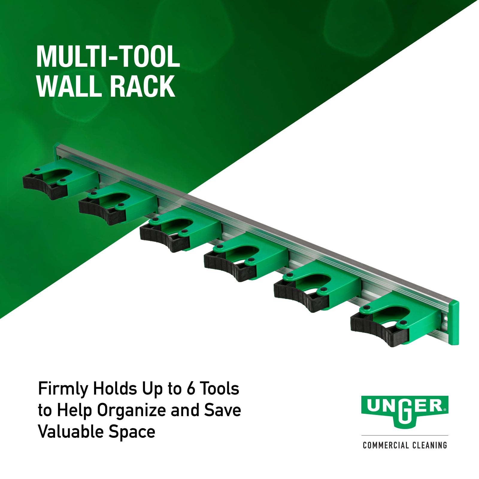 Green multi-tool wall rack with Unger logo on a green and white background