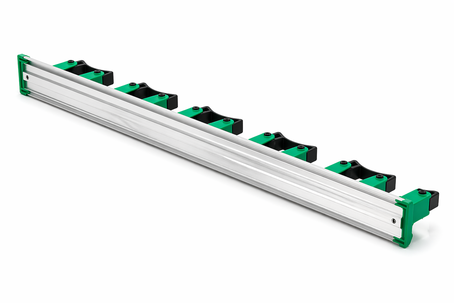 Long metallic bar with green and black components on a white background