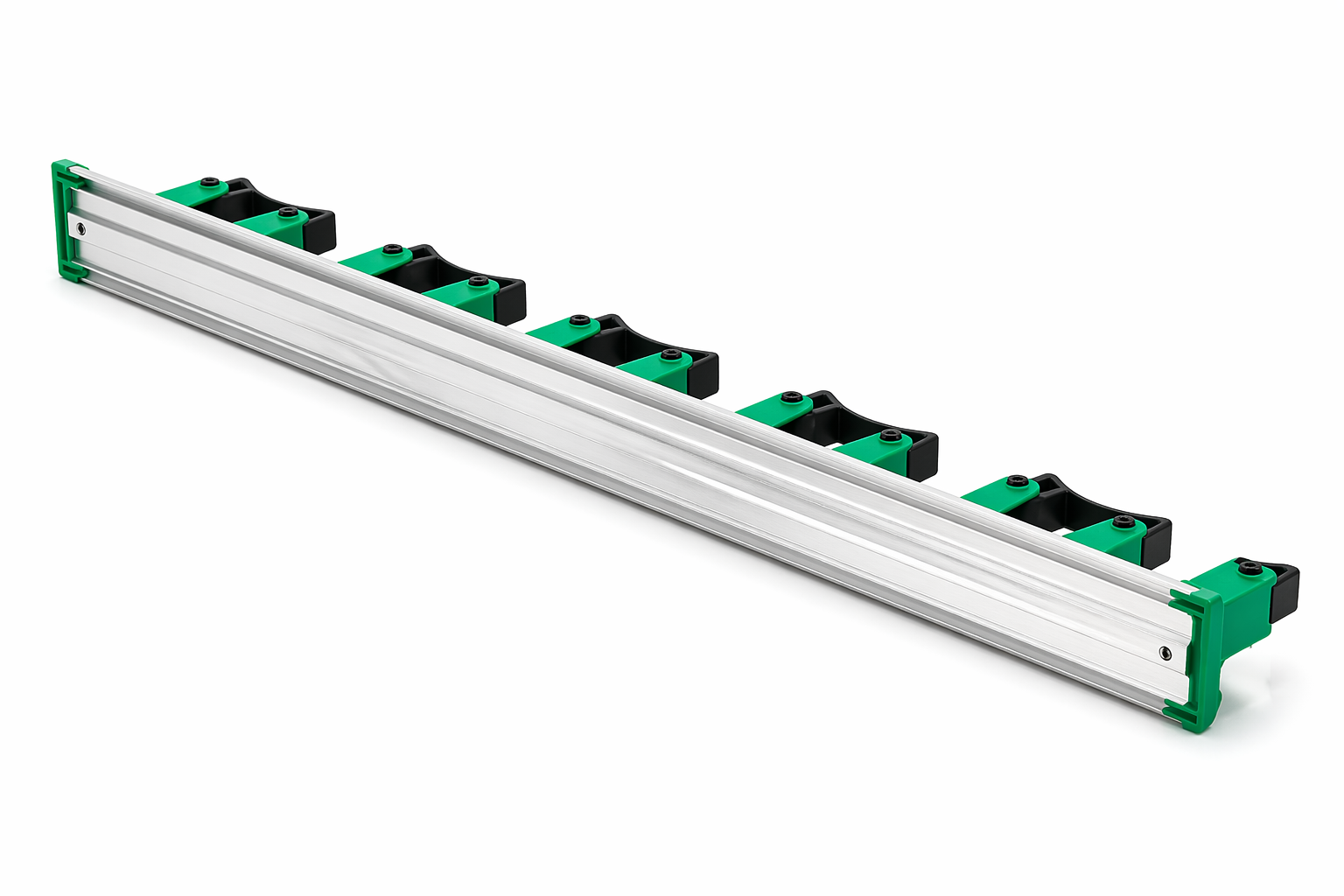 Long metallic bar with green and black components on a white background