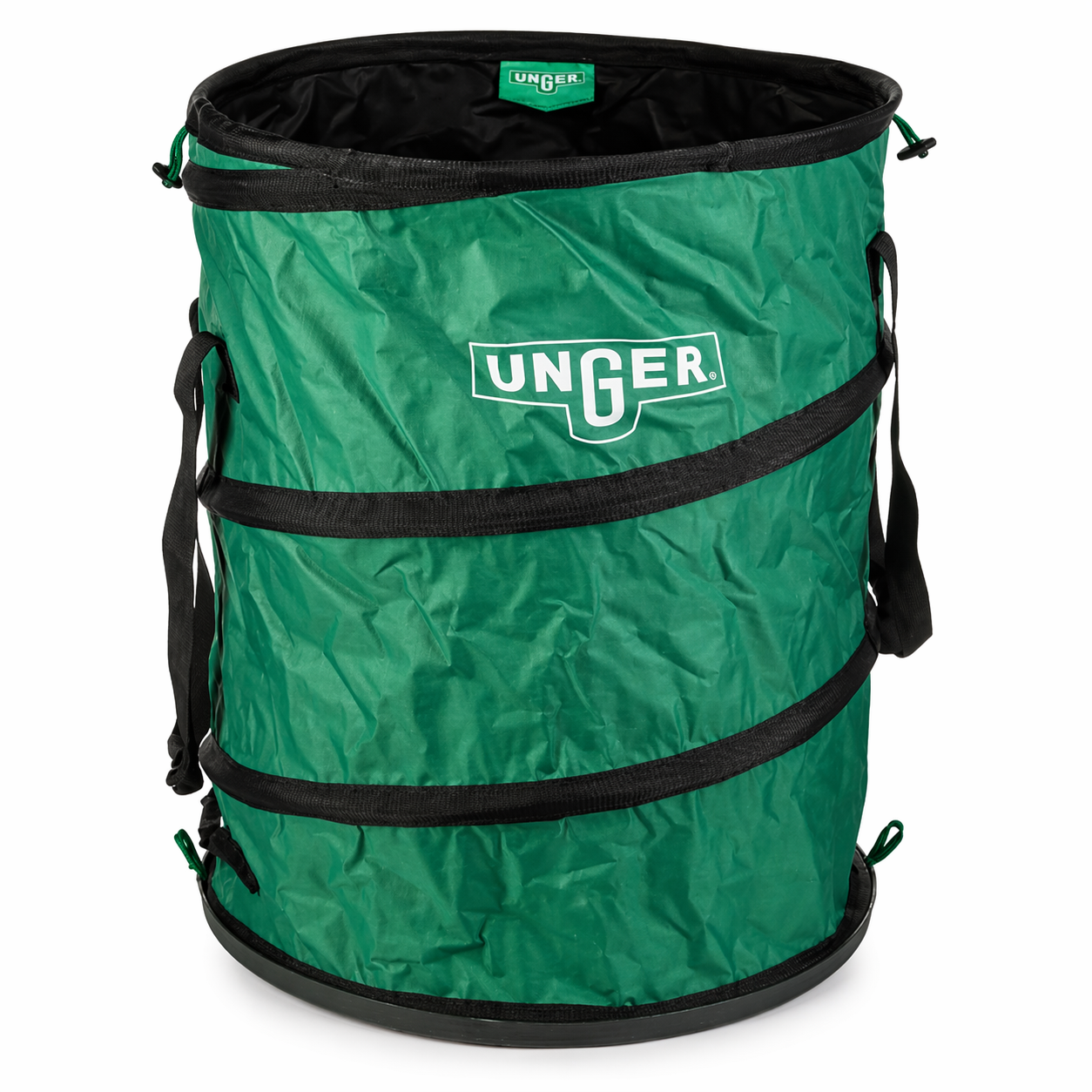 Green Unger bag bin with black handles on a white background