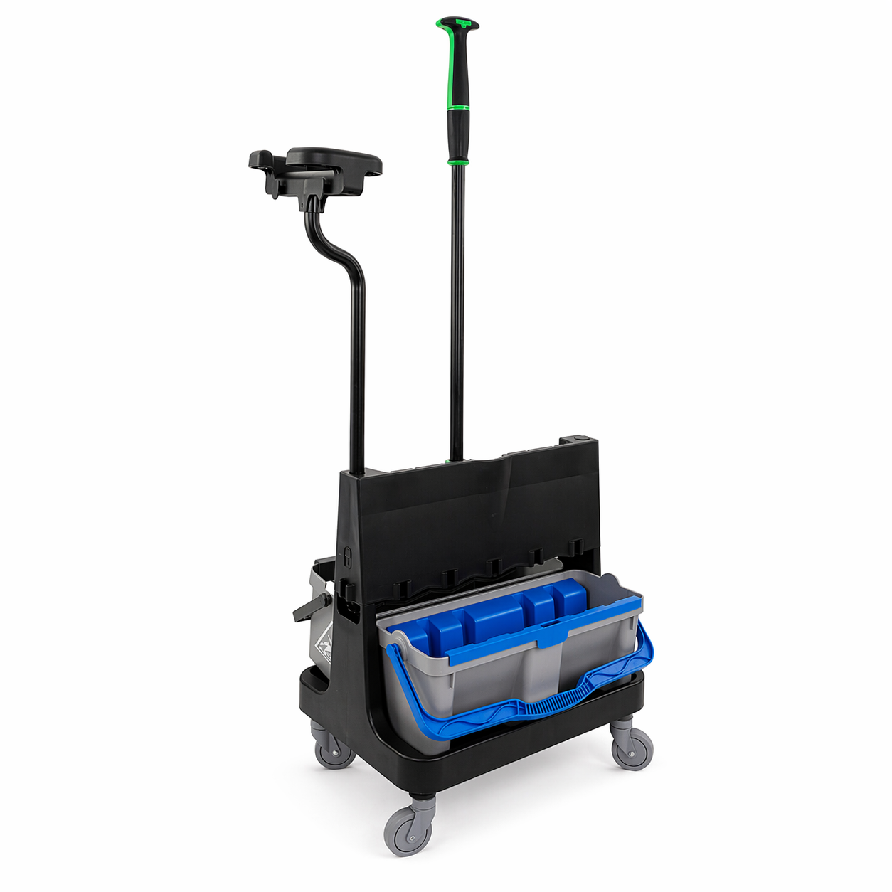 Black and blue Unger OmniClean Dual Bucket Kit- Offset with adjustable handle on a white background