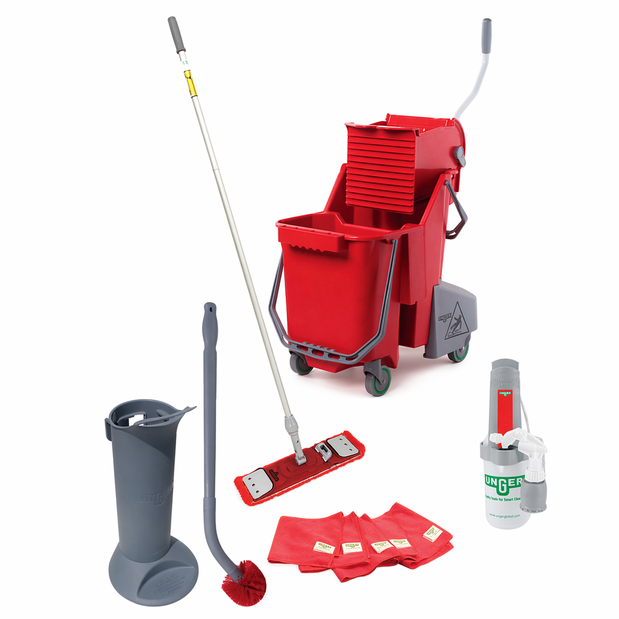 Set of UNGER cleaning tools including a red bucket, mop, and cleaning supplies for the bathroom