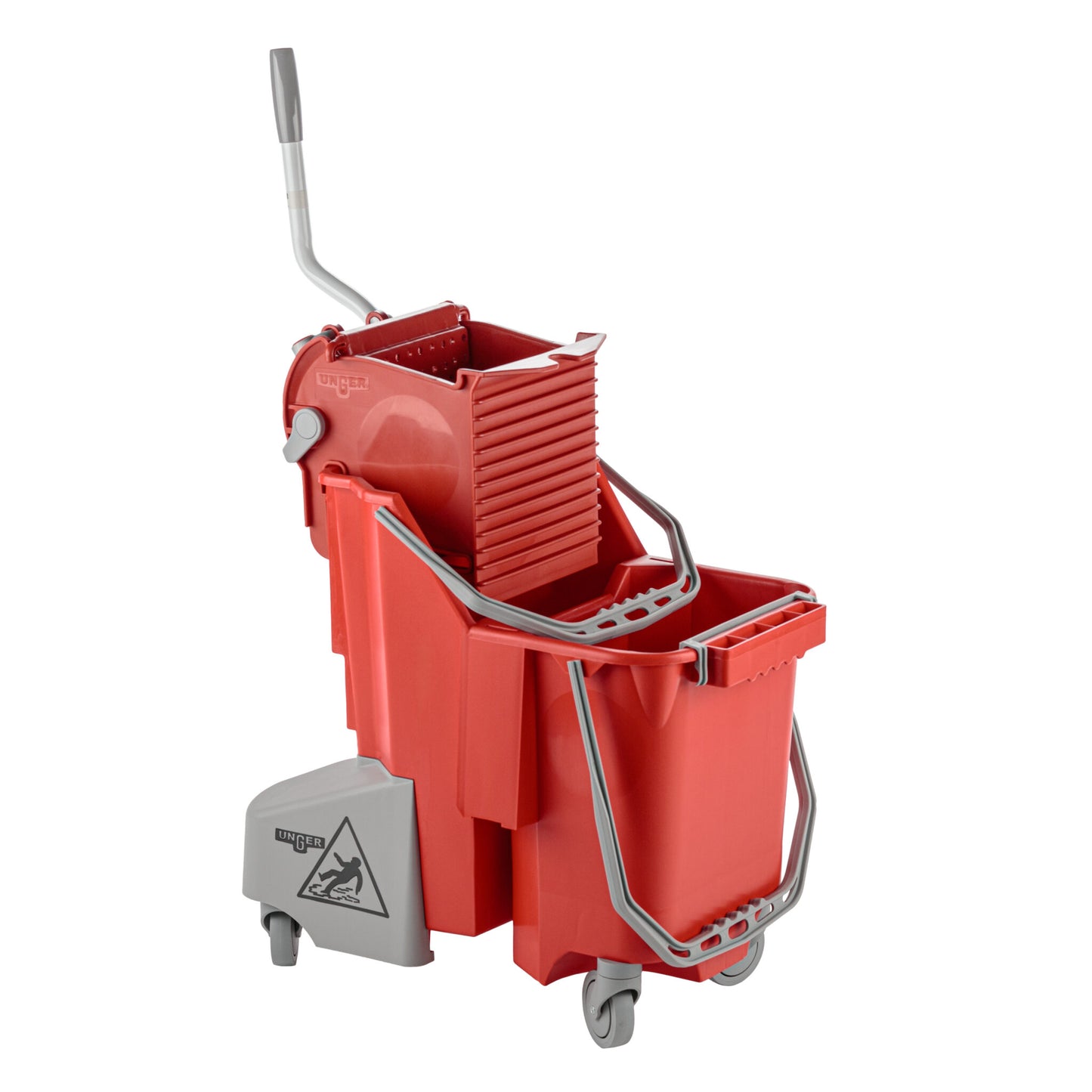 Unger brand Red cleaning bucket with wringer on a white background