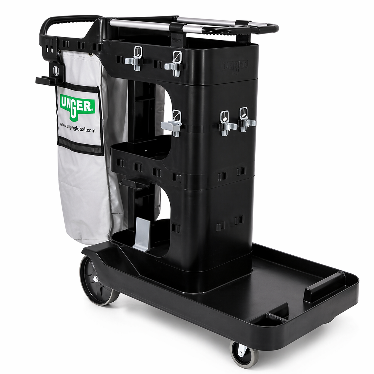 Black Unger Standard Janitorial Cleaning Cart with Unger logo on a white background