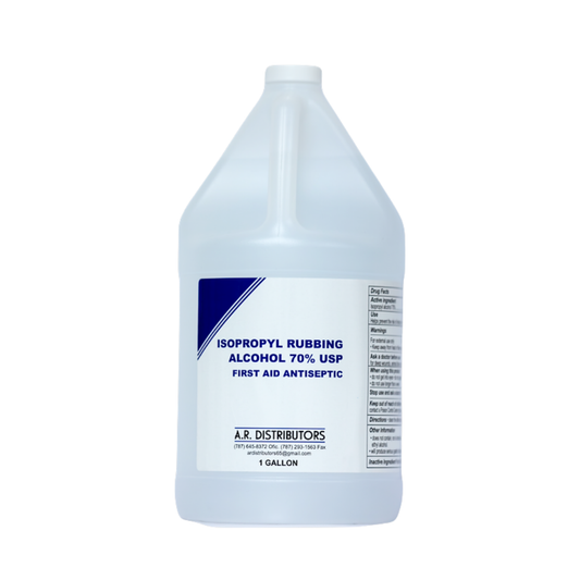Gallon container of isopropyl rubbing alcohol 70% with a label on a white background