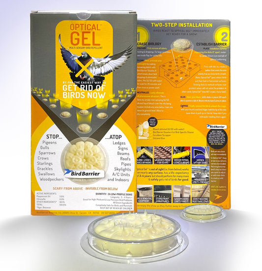 Bird barrier product packaging with optical gel and installation instructions on a white background