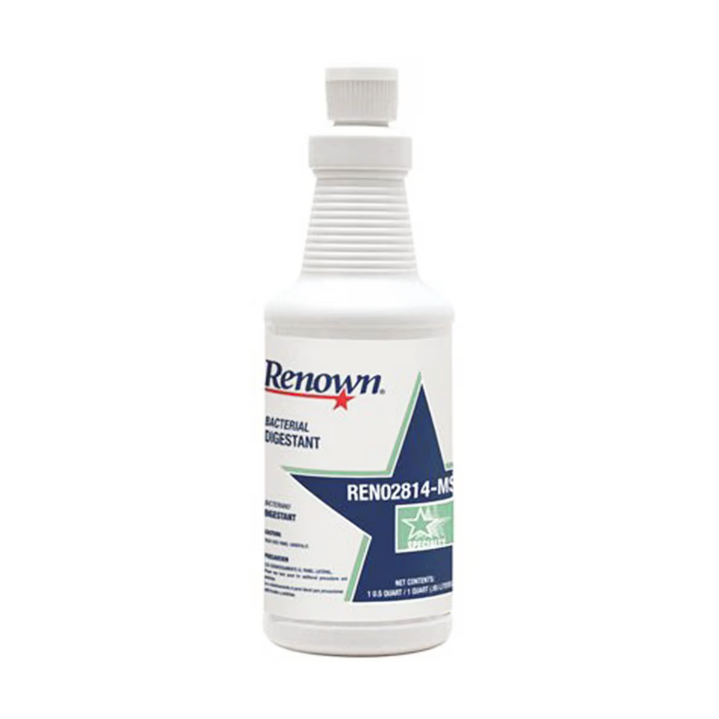 Bottle of Renown Mildew Stain Remover bacterial digestant on a white background