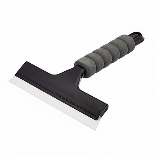 Squeegee with black handle and blade on a white background, featuring 'AmazonBasics' branding.