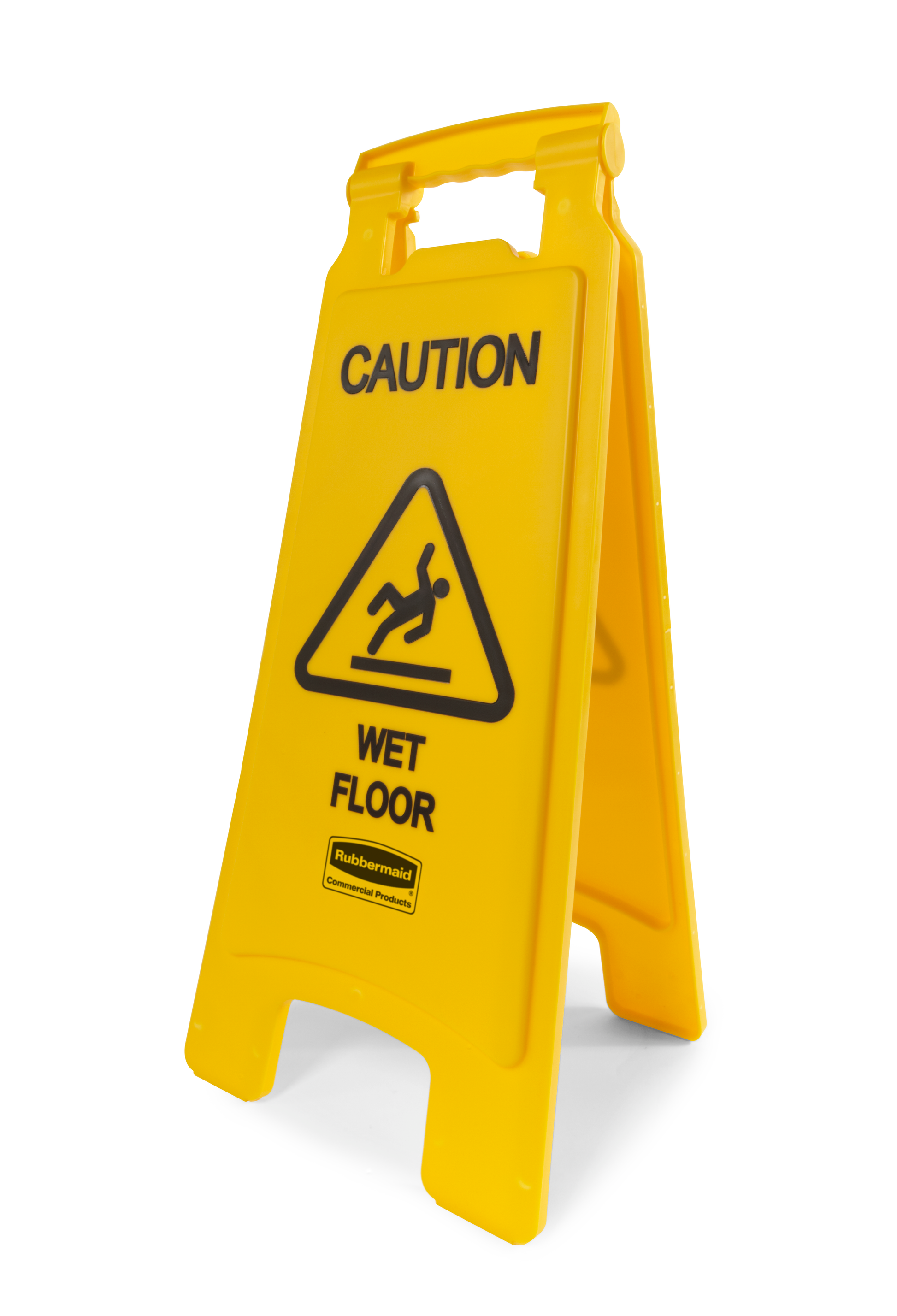 Yellow wet floor caution sign with black text and symbol on a white background