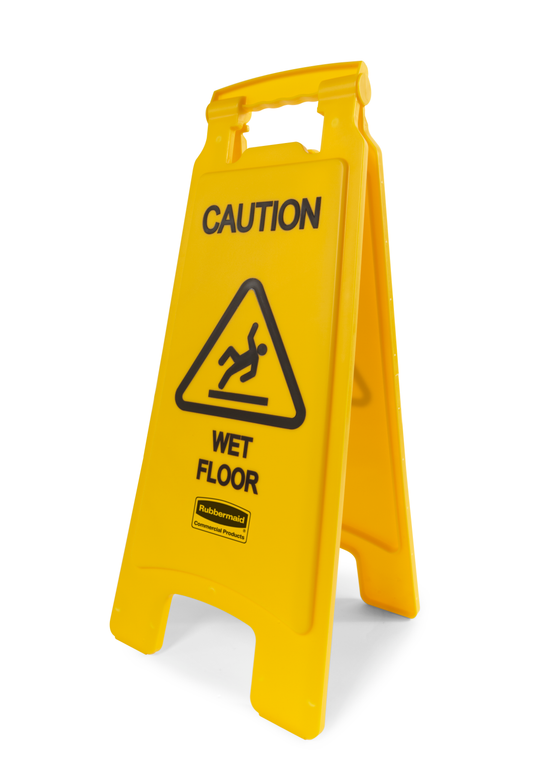 Yellow wet floor caution sign with black text and symbol on a white background